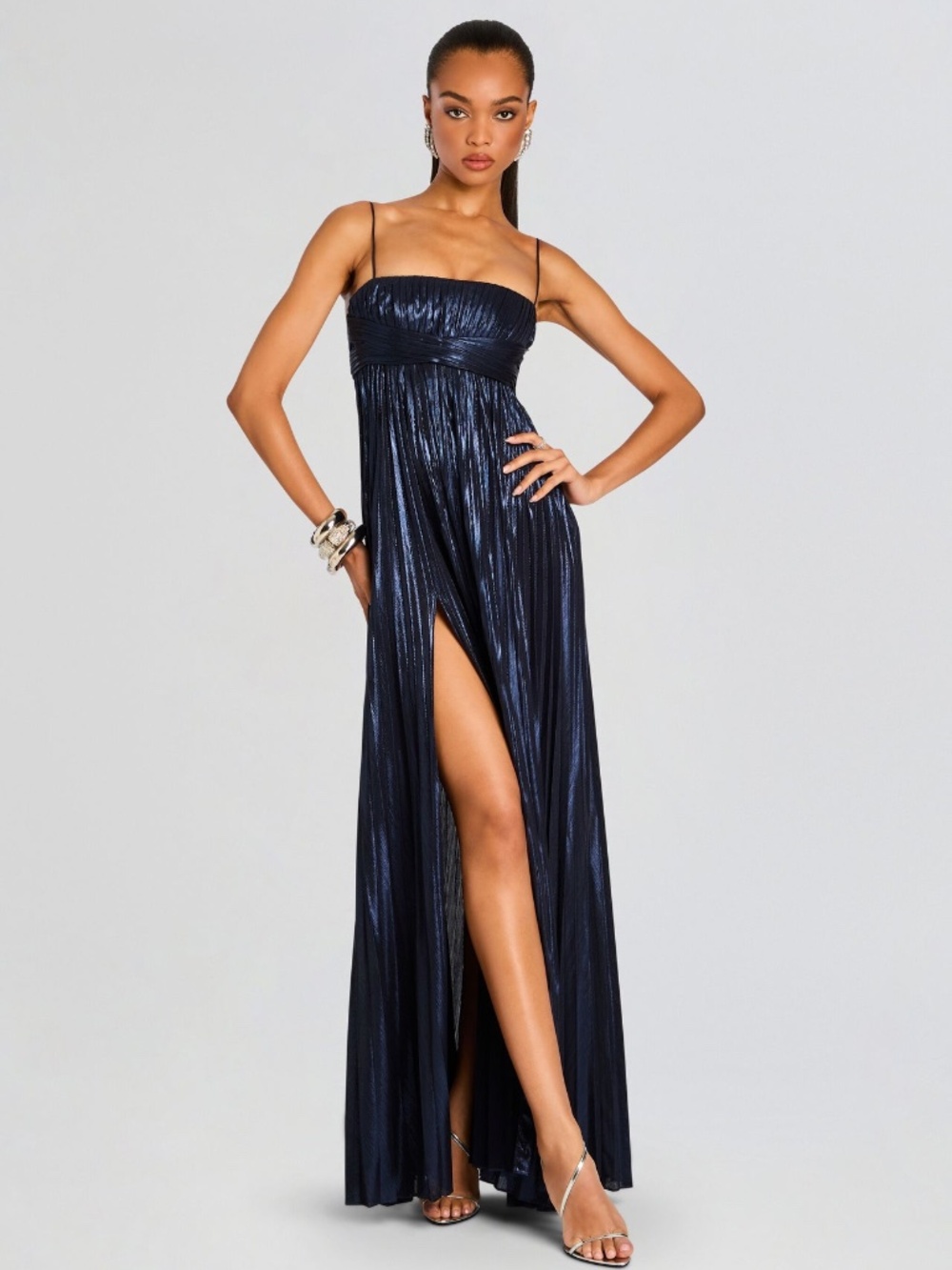 Retrofete Zinnia Dress Medium Ink Navy Silver Lame Metallic Gown - SMALL